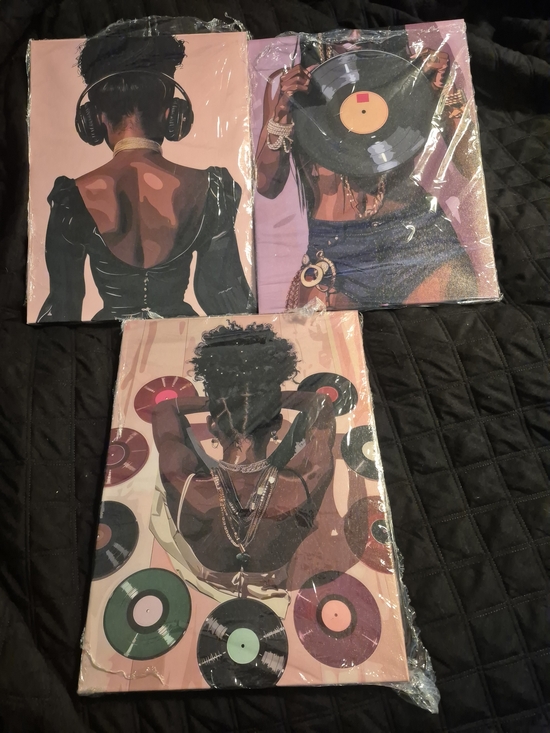 Source Unknown Other - Source Unknown Pink and Black Afrocentric Vinyl Records Wall Art Trio